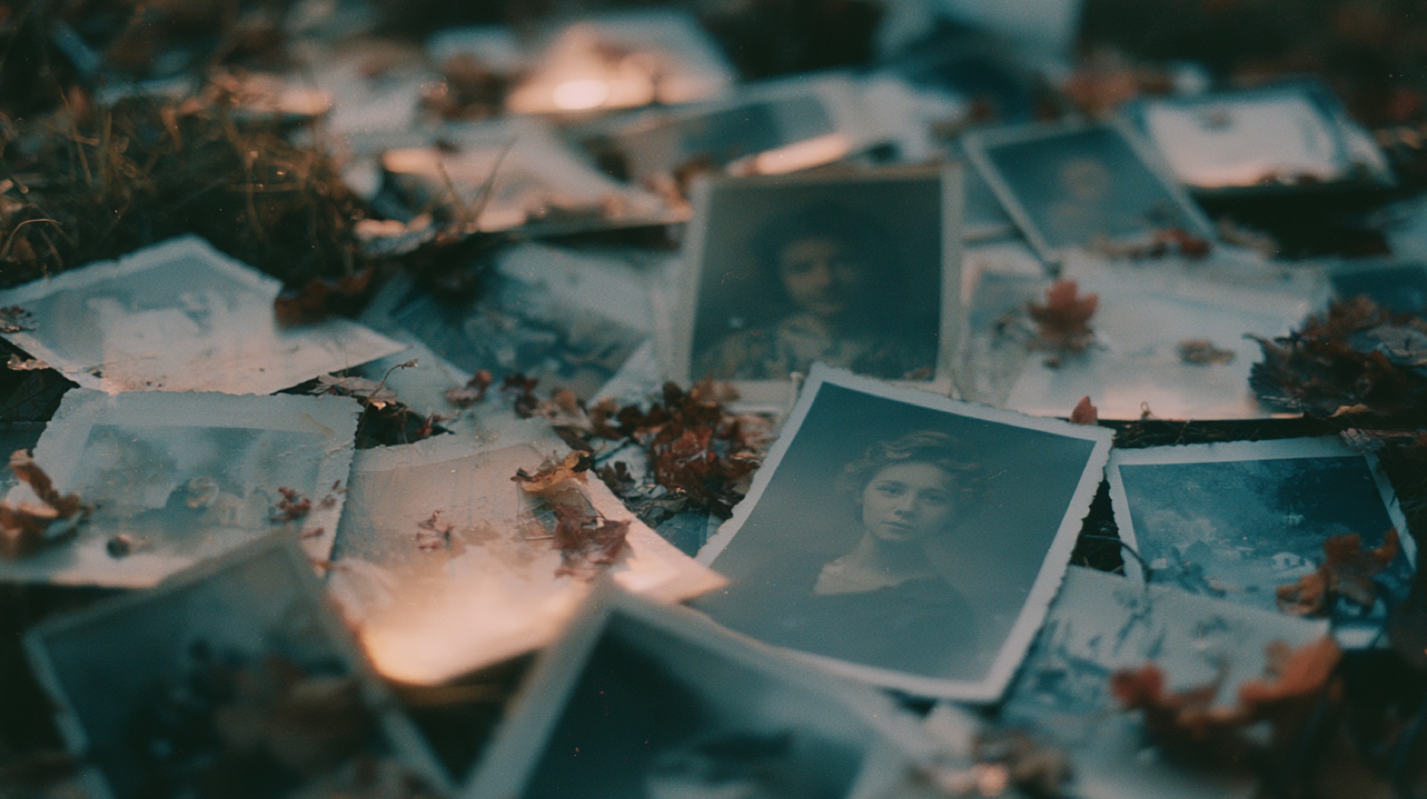 Faded family photographs scattered among autumn leaves